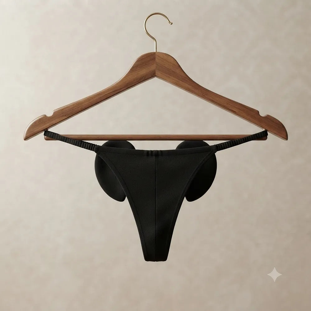 Rear view of black elephant underwear hanging on a wooden hanger
