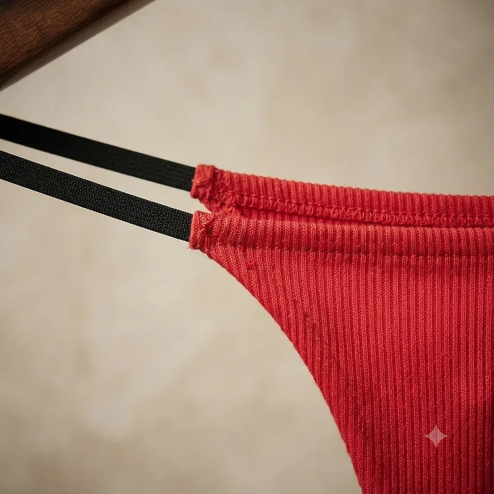 Detail of double black straps attached to red ribbed-looking panel