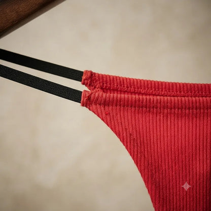 Detail of double black straps attached to red ribbed-looking panel