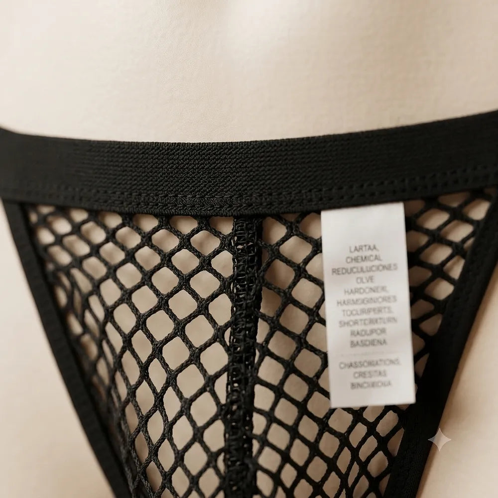 Detailed close-up of wide black mesh and waistband