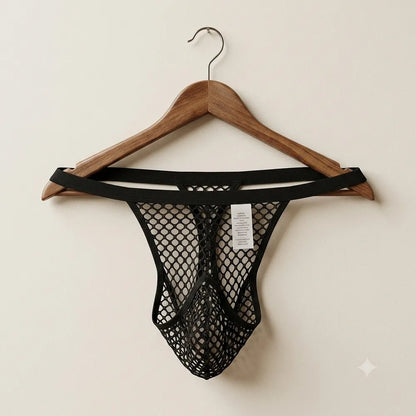 Black wide-mesh open-back jockstrap displayed on hanger