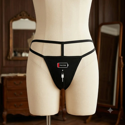 Front view of women's black thong with Please Charge battery graphic