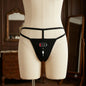 Front view of women's black thong with Please Charge battery graphic