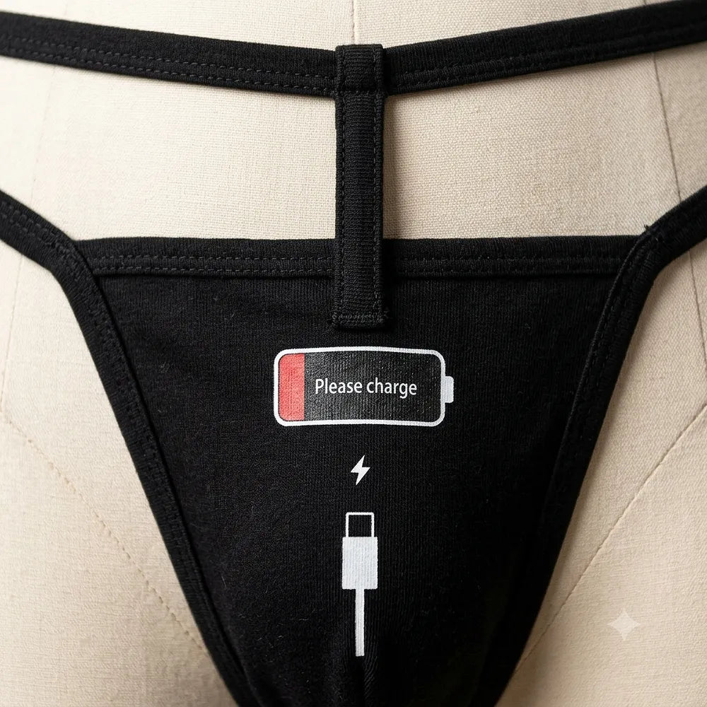 Close-up of Please charge low-battery graphic on black women's thong