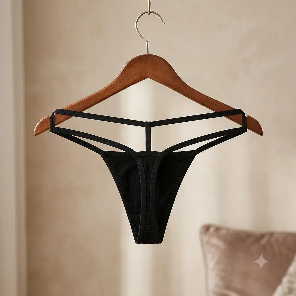 Black Triple-Strap women's thong displayed on wooden hanger