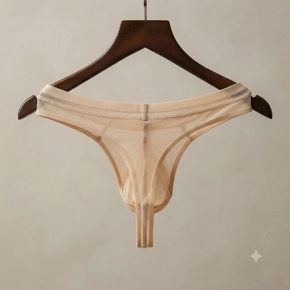 Beige men's thong معلق ويظهر التصميم الخلفي الضيق