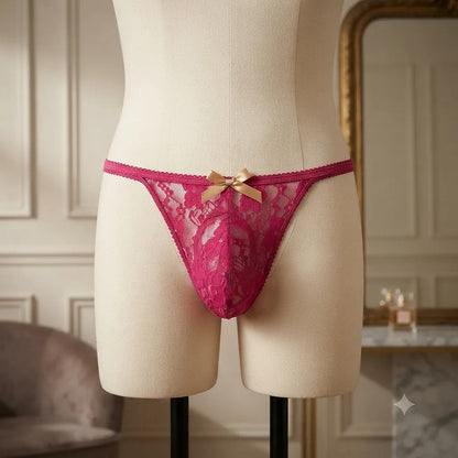 Women's deep pink floral lace thong front view with bow