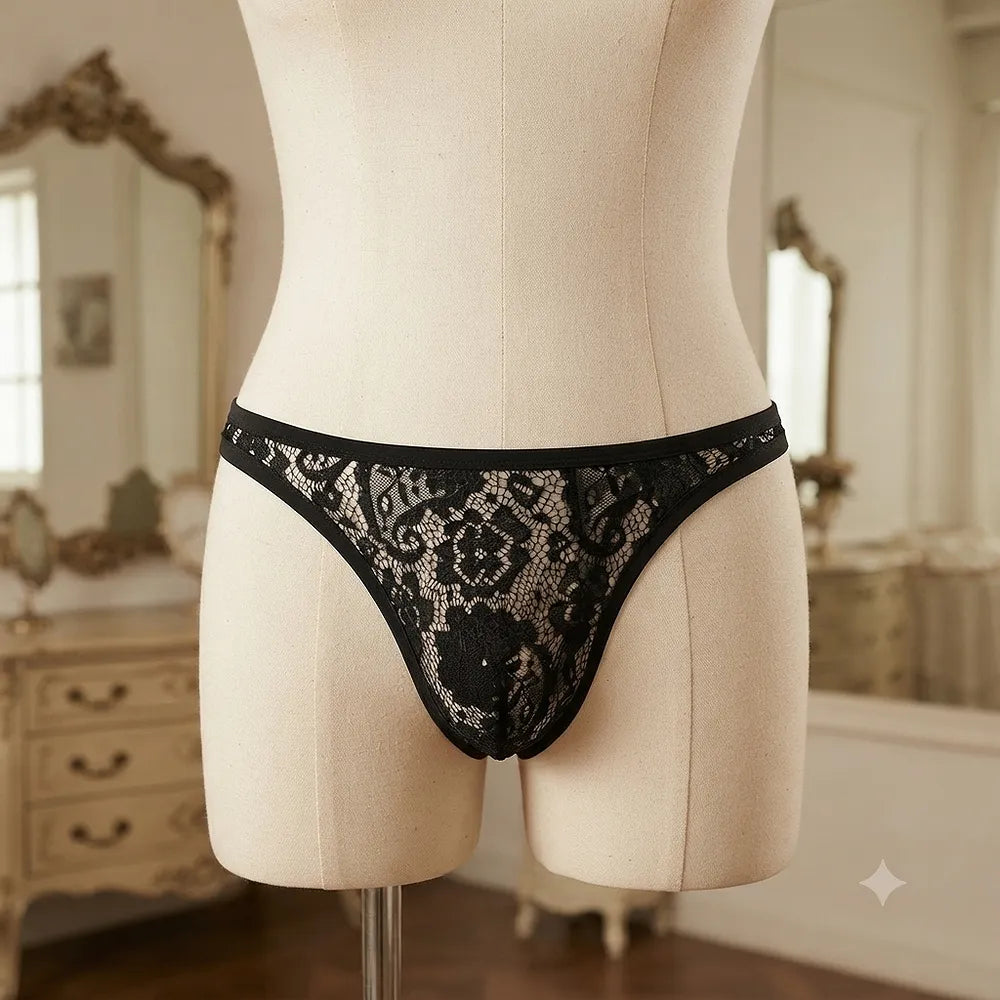 Women's black lace thong front view