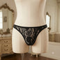 Women's black lace thong front view