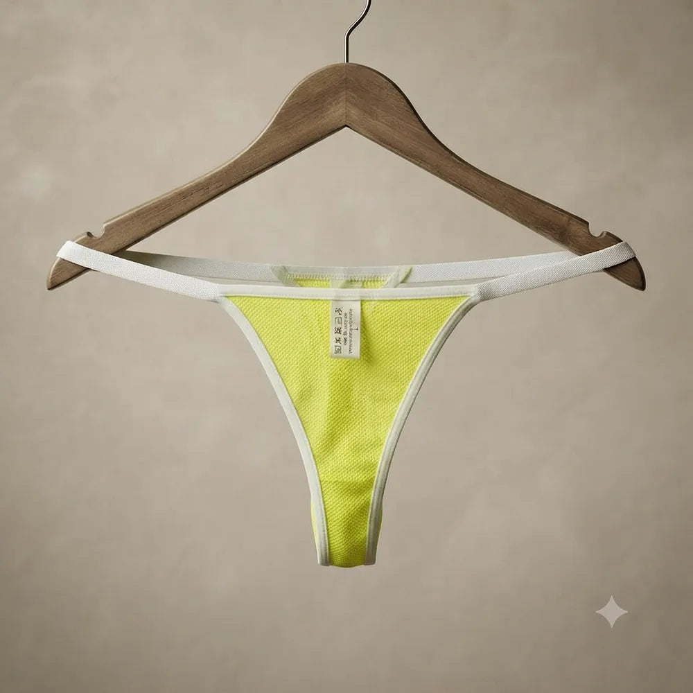 Men's neon yellow mesh thong بحواف بيضاء
