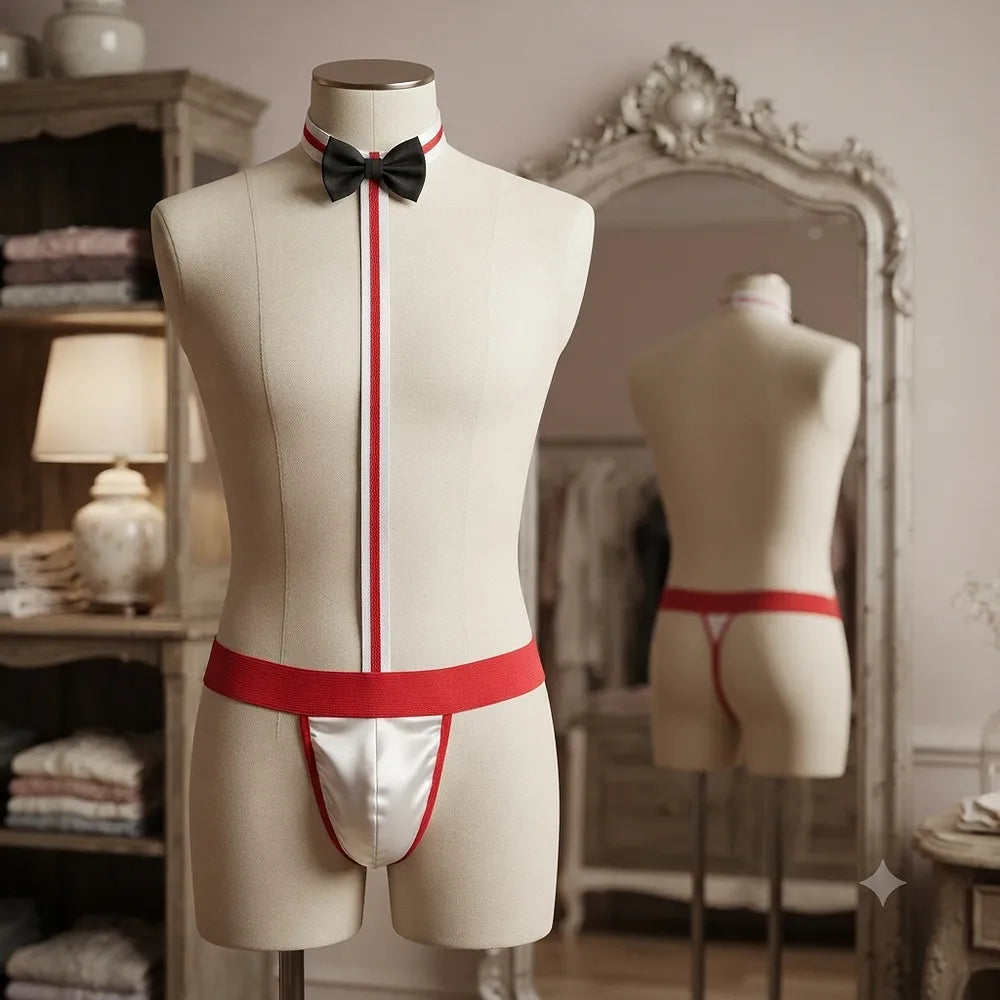 Full men's bow-tie thong set with red waistband and black bow tie