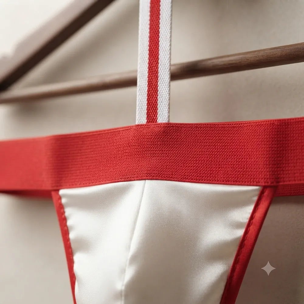Close-up of red waistband, white front panel and red-white vertical strap