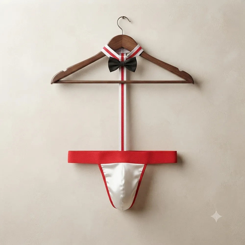 Men's red and white bow-tie thong set hanging against a neutral wall