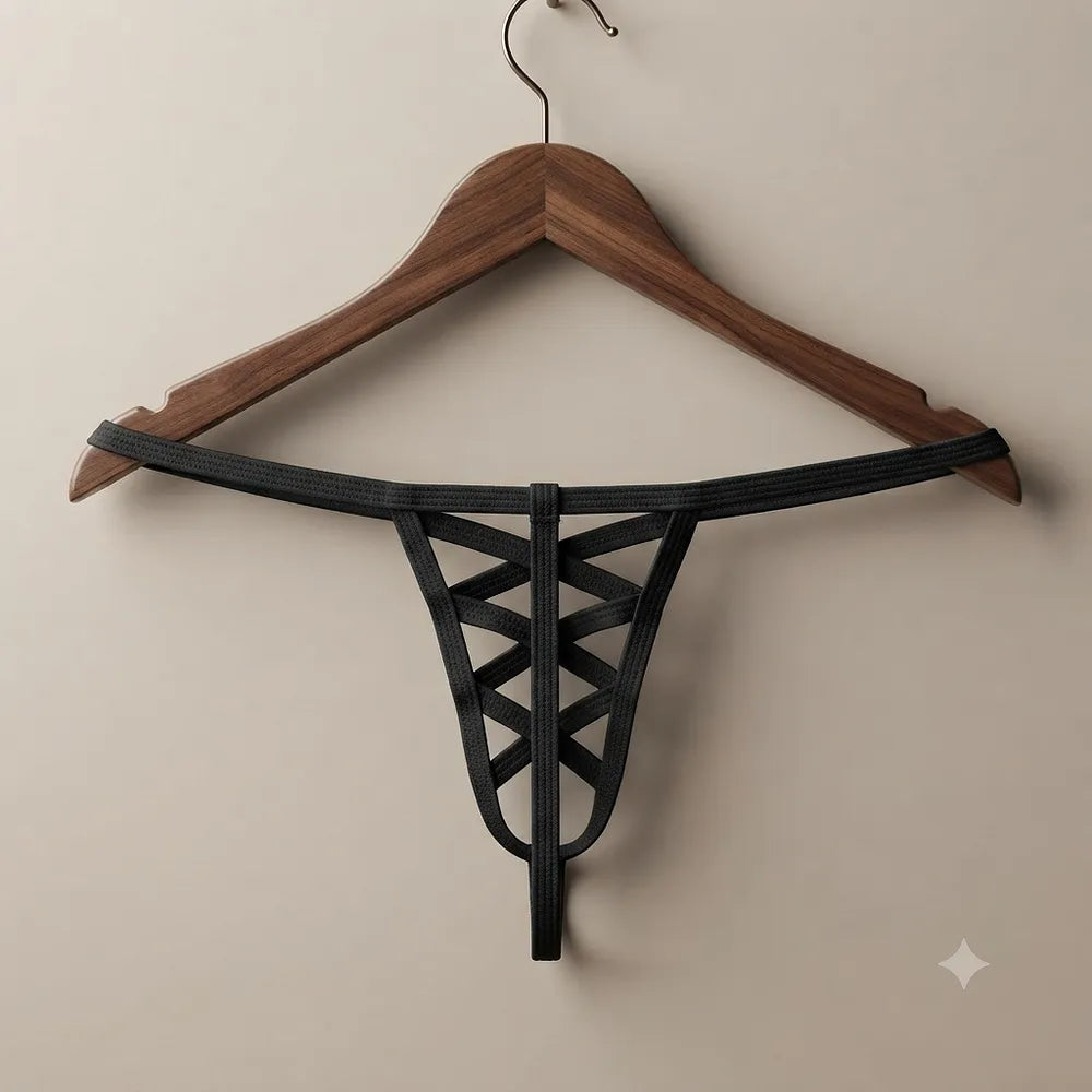 Men's black crisscross strap thong variant