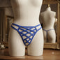 Front view of men's blue crisscross thong with double waist straps