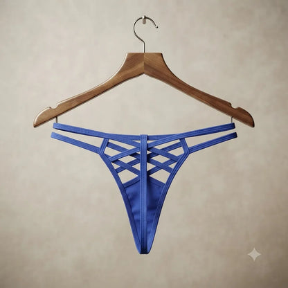 Blue crisscross strap thong hanging on a wooden hanger