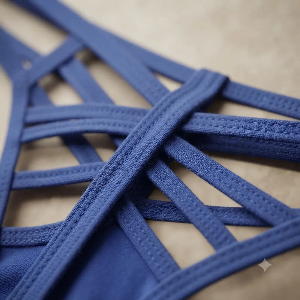 Close-up of overlapping blue straps and stitched construction