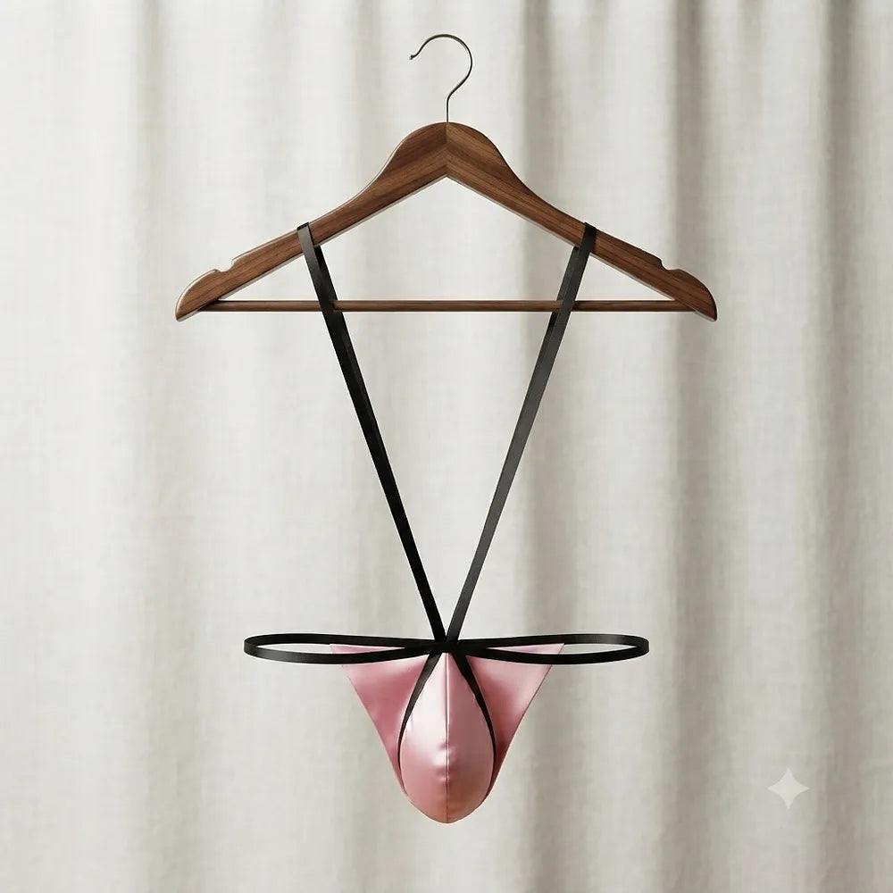 Pink and black suspender underwear hanging with full straps visible