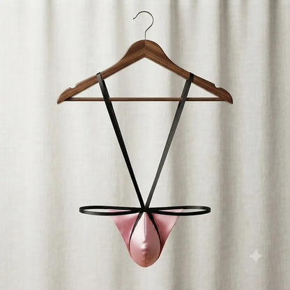 Pink and black suspender underwear hanging with full straps visible