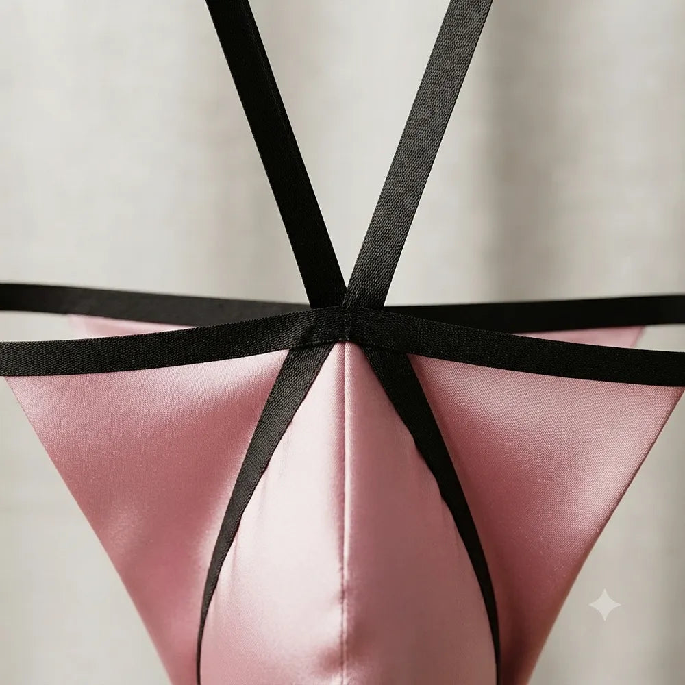 Close-up of black body straps meeting above the pink front section