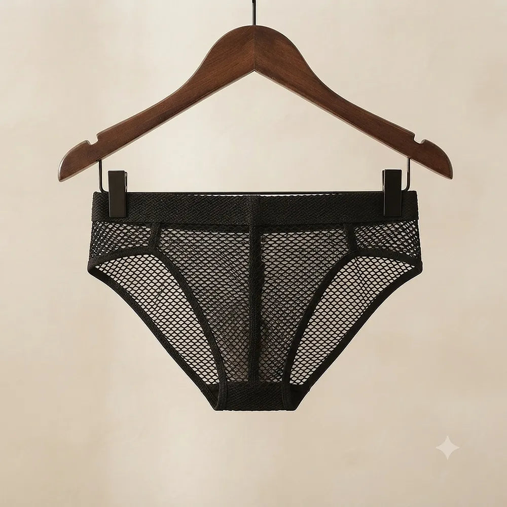 Men's black mesh panel brief hanging on wooden hanger