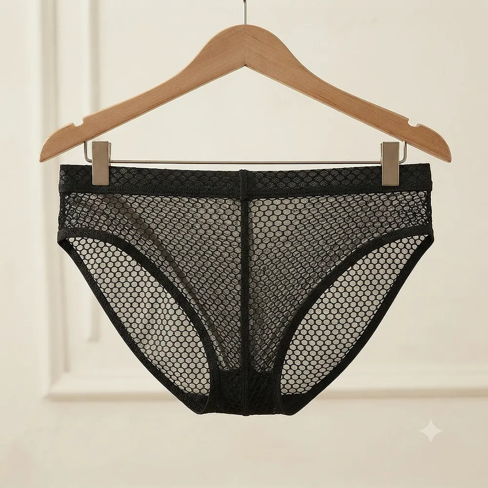 Black men's mesh brief displayed on hanger