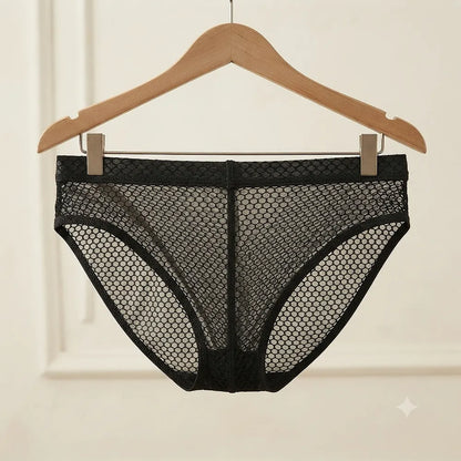Black men's mesh brief displayed on hanger