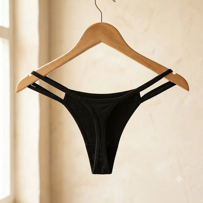 Black women's LOVE strappy thong front view
