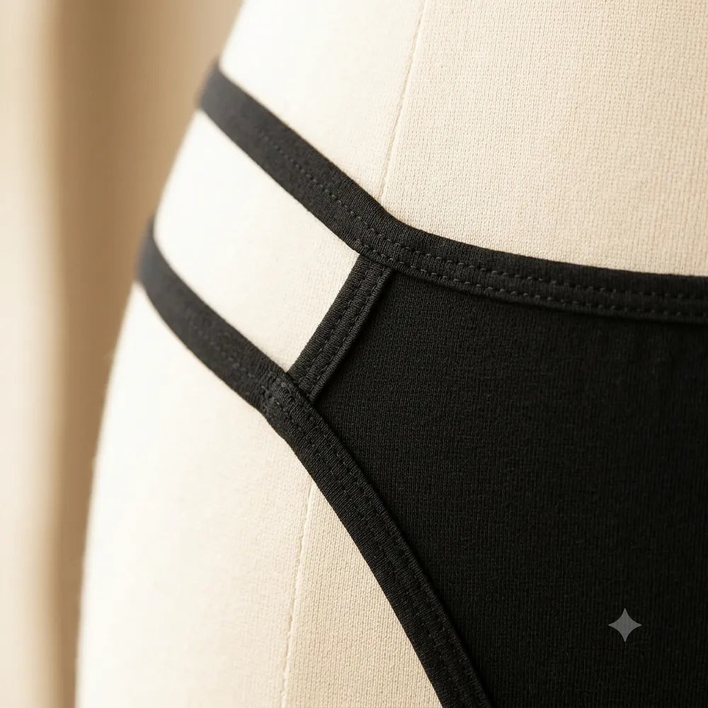Black double-strap women's thong displayed on hanger