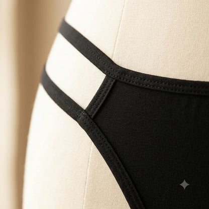 Black double-strap women's thong displayed on hanger