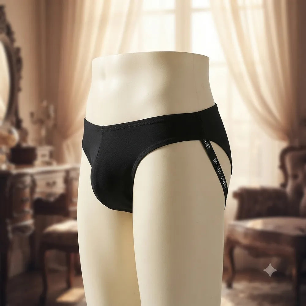 Men's black mesh brief مع حمالات فخذ ظاهرة من الجهة الجانبية