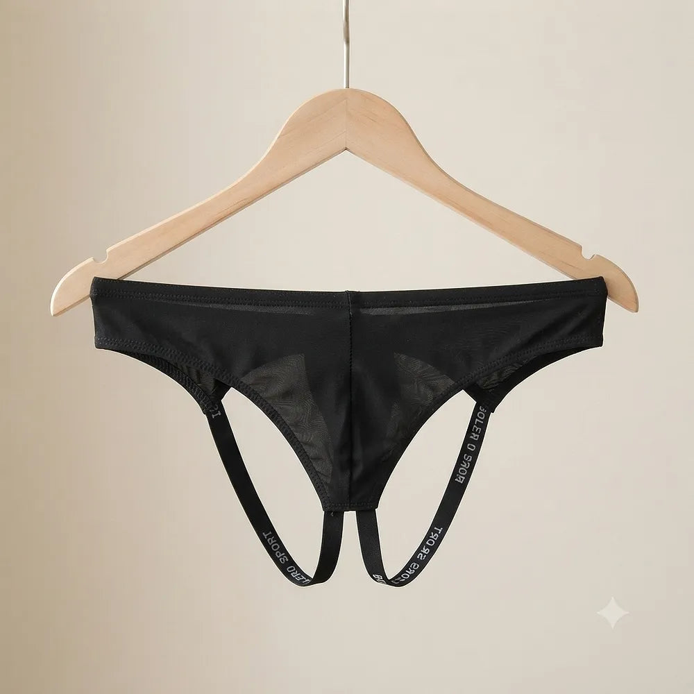 Black leg strap brief معلق ويظهر التكوين الكامل للمنتج بدون مانيكان
