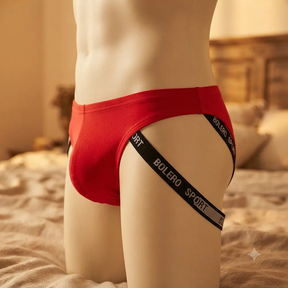 Men's red brief بحمالتين سوداوتين حول الفخذين من الجانب