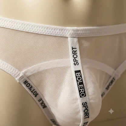 Close-up لشبك أبيض وأشرطة مطبوعة في White Mesh Brief رجالي