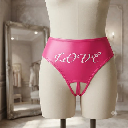 Hot pink women's LOVE crotchless panty front mannequin view