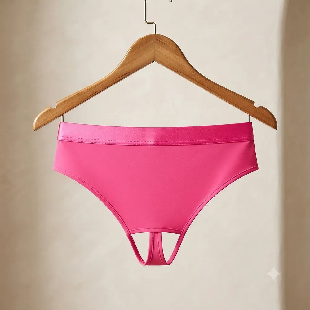Hot pink LOVE open crotch women's panty displayed on wooden hanger