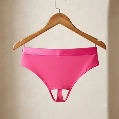 Hot pink LOVE open crotch women's panty displayed on wooden hanger