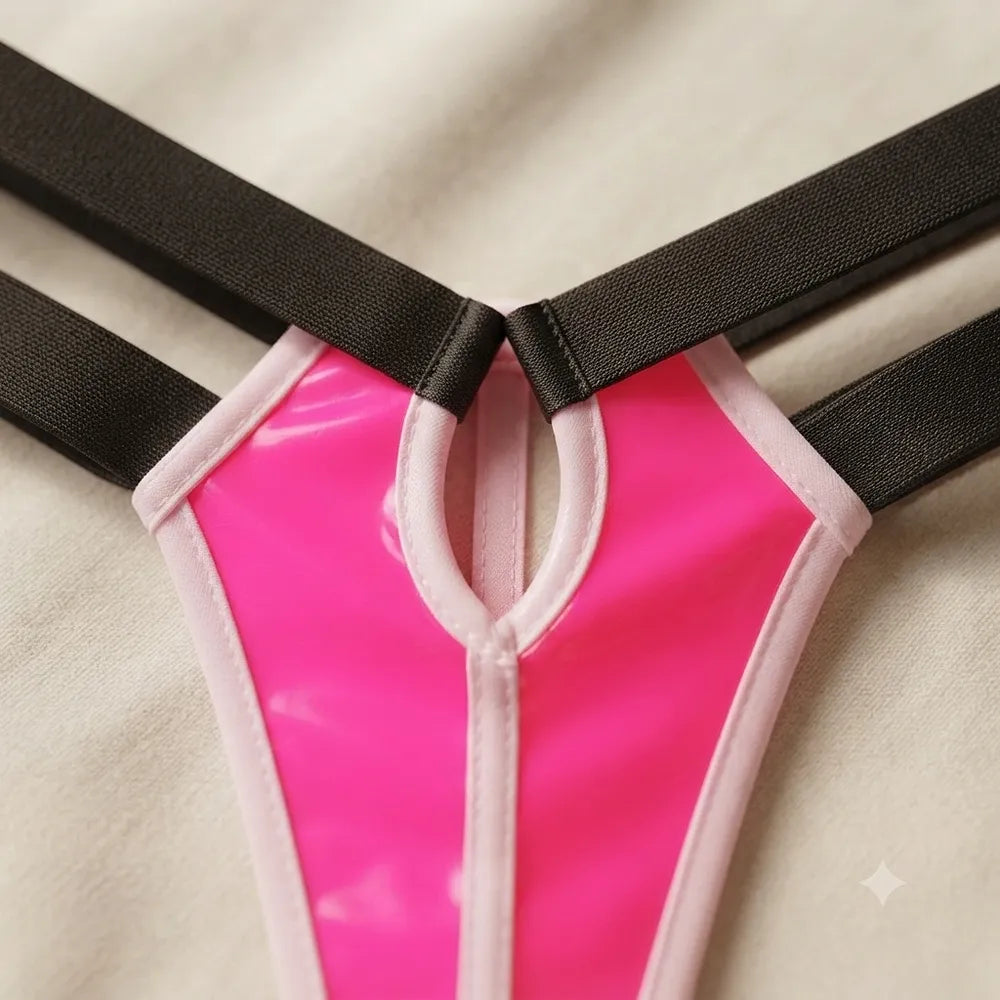 Close-up of oval cutout on pink men's thong