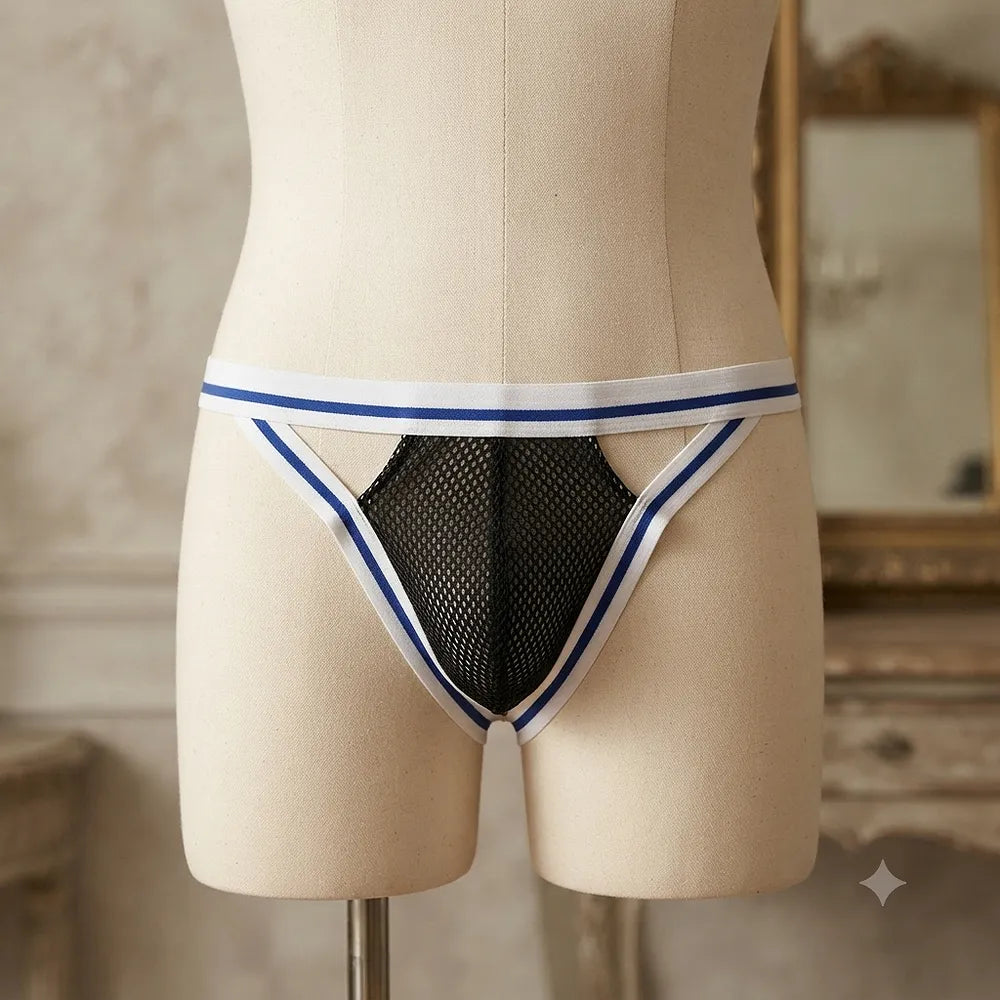 Newcentre men's black open-side mesh jockstrap front view