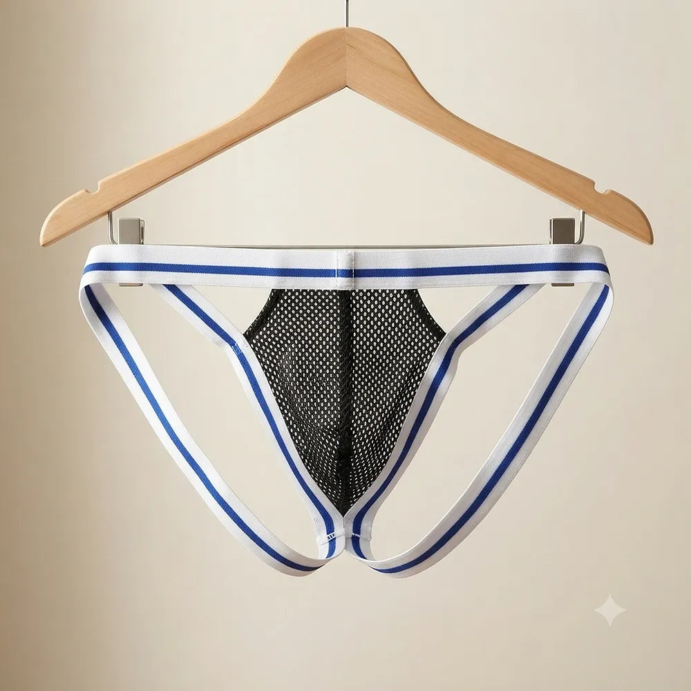 Black mesh strap jockstrap displayed on wooden hanger