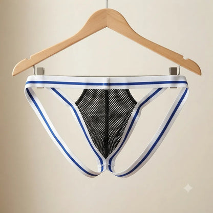 Black mesh strap jockstrap displayed on wooden hanger