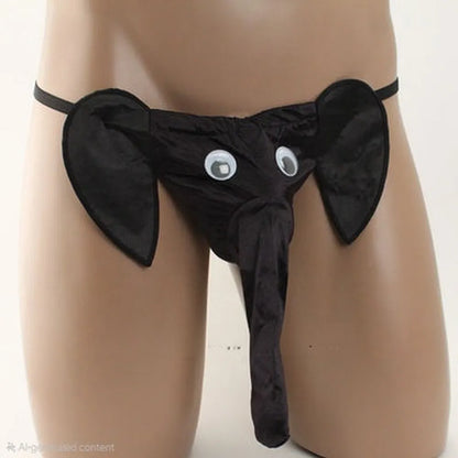 Black elephant novelty thong with decorative eyes and side ears