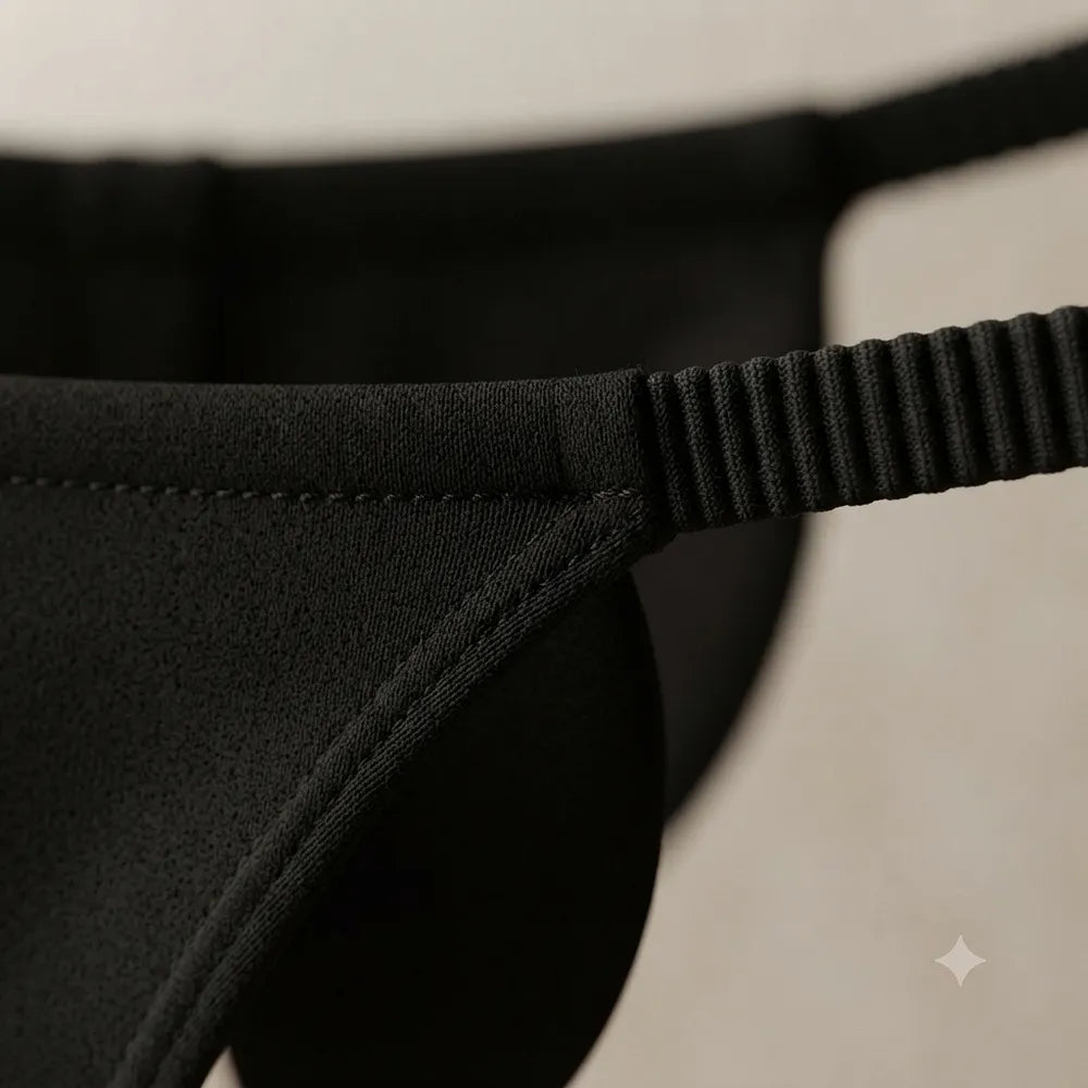 Close-up of black waistband and stitched construction