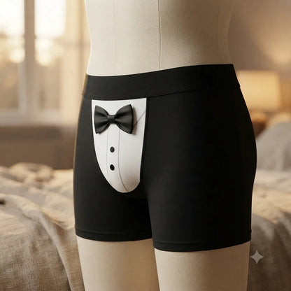 Side view of tuxedo boxer brief on mannequin